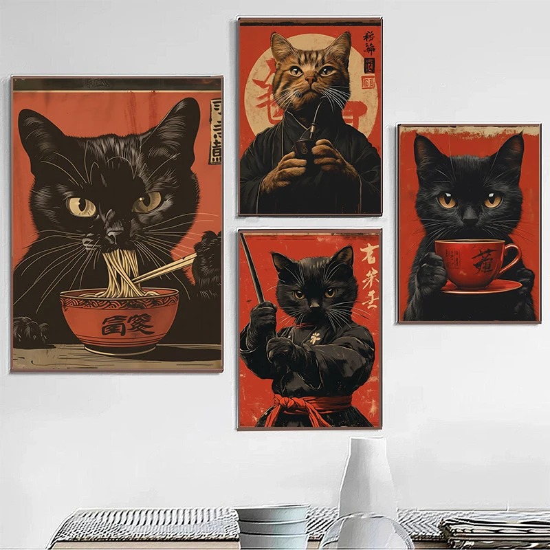 Japanese Eating Lifestyle - Poster Minum Teh Mie Makan Kucing